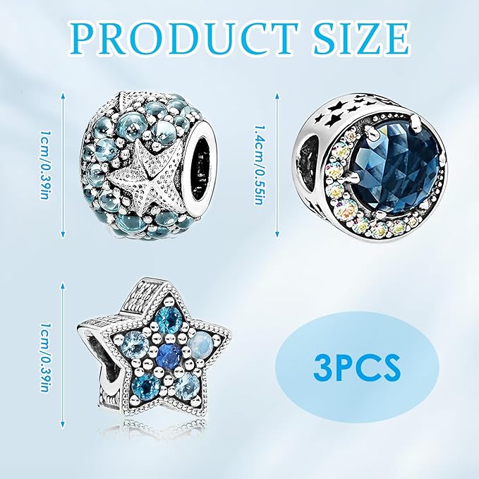 3 Pack Sterling Silver Starfish Charms with Cubic Zirconia, 925 Silver Dangling Beads for Bracelets